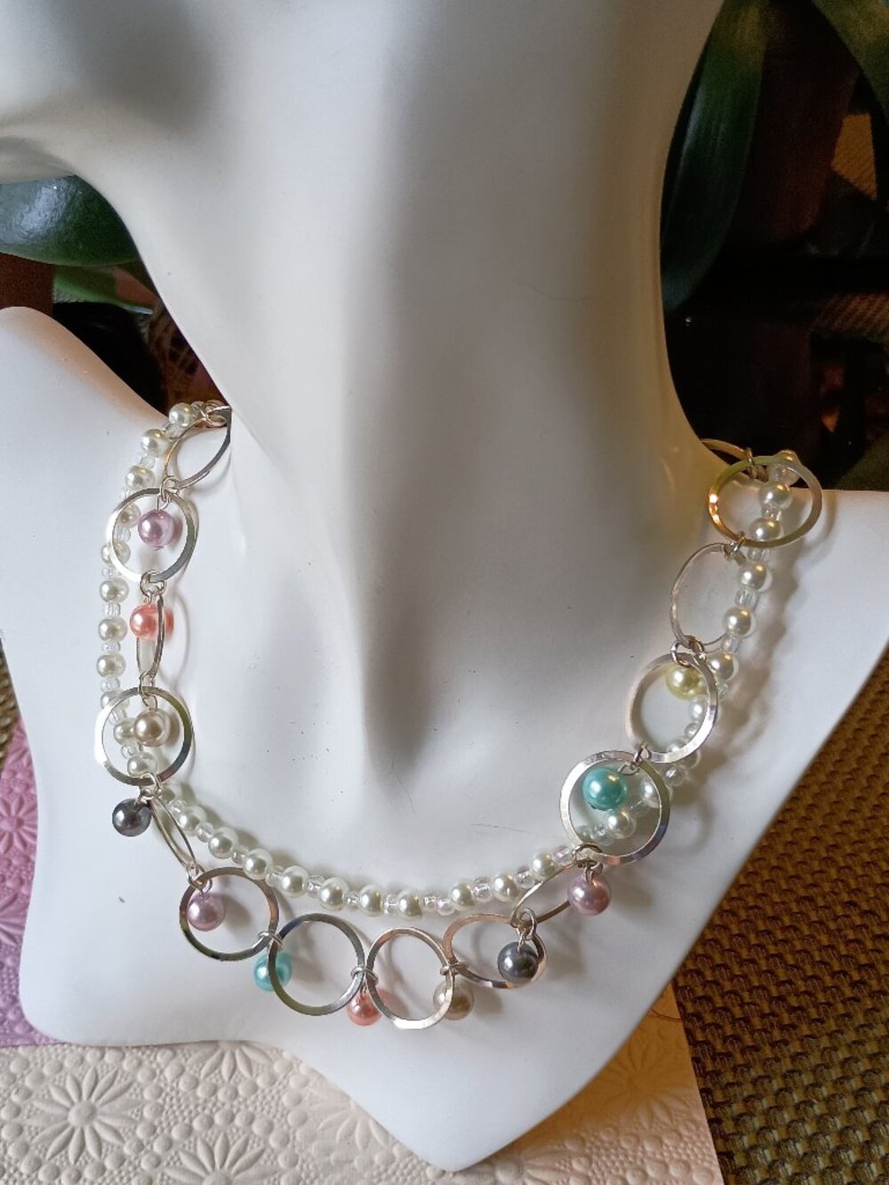 Art Necklace Faux Pearls Czech Beads Silver Link Chain Weddings Prom Jewelry